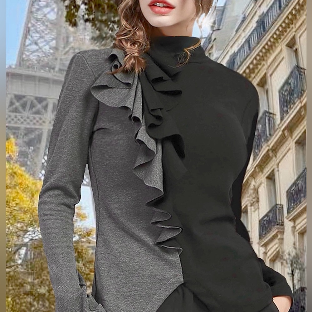 Ruffles Long Sleeve Color Contrasted Sweatshirt